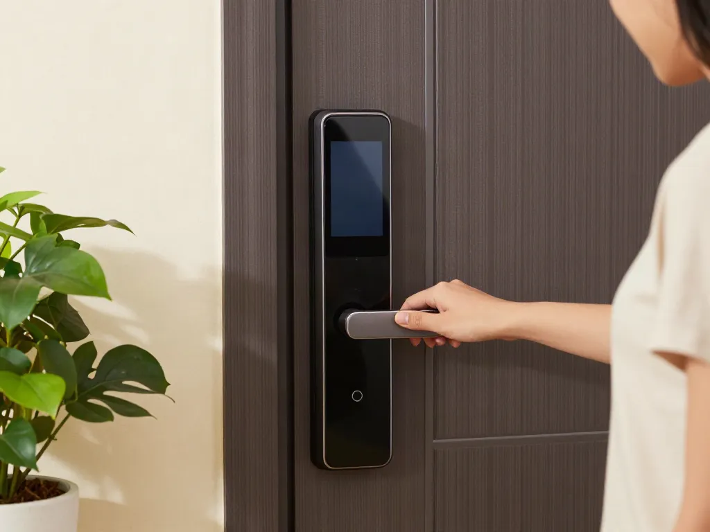 Smart lock installation at home entrance showcasing خرید قفل هوشمند convenience.