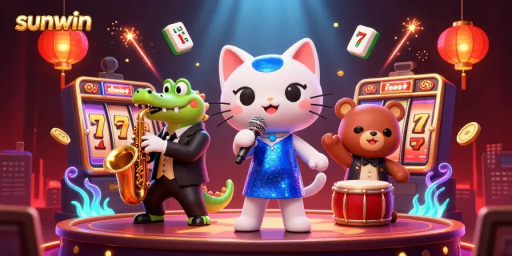 Engaging sunwin gaming scene with vibrant characters and dazzling casino elements.