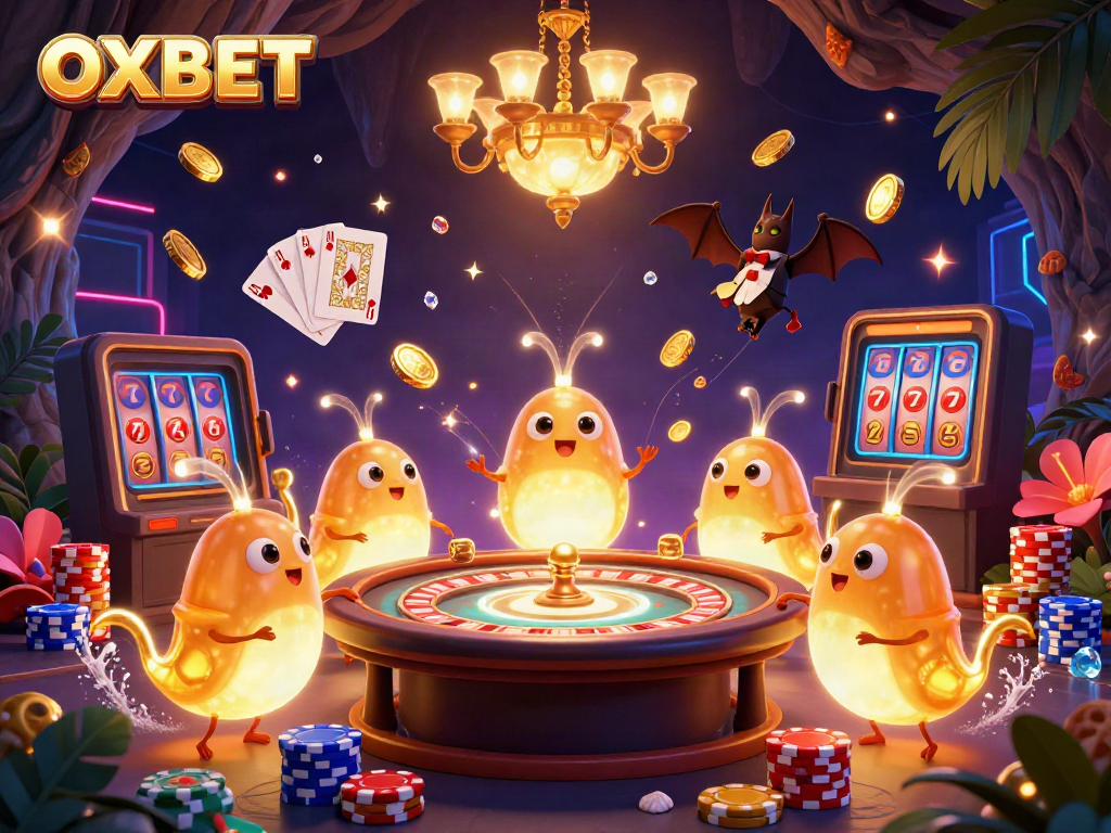 Experience OXBET's vibrant online casino atmosphere with glowing characters, cards, and treasures.