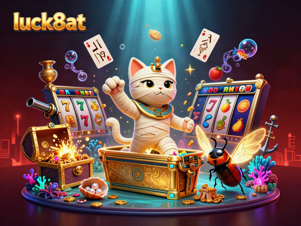 Engage in thrilling gameplay with luck8at as the Egyptian mummy cat bursts from a sarcophagus amidst vibrant casino elements.