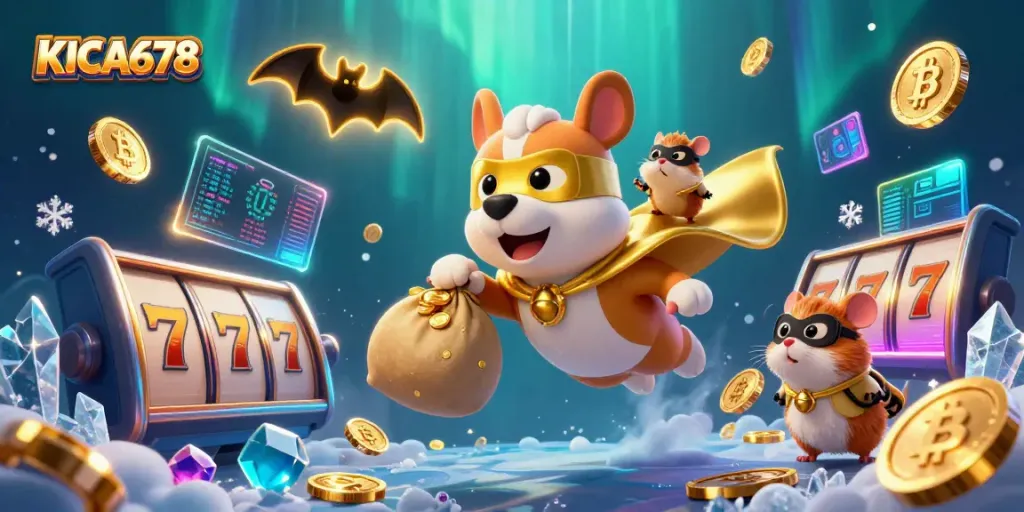 KICAU678 features a superhero dog and hamster in a casino-themed adventure with slot reels and glowing crypto coins.