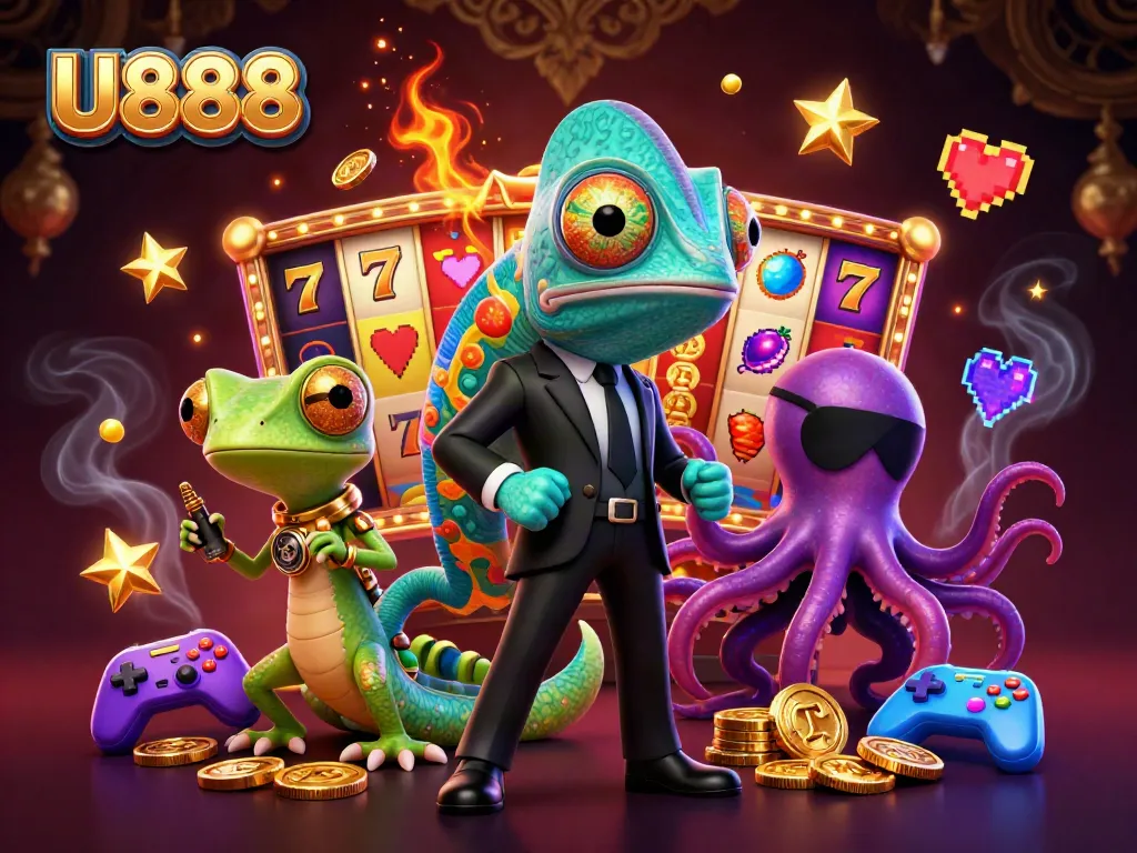 U888 presents a vibrant 3D casino scene with a secret agent chameleon and gaming elements