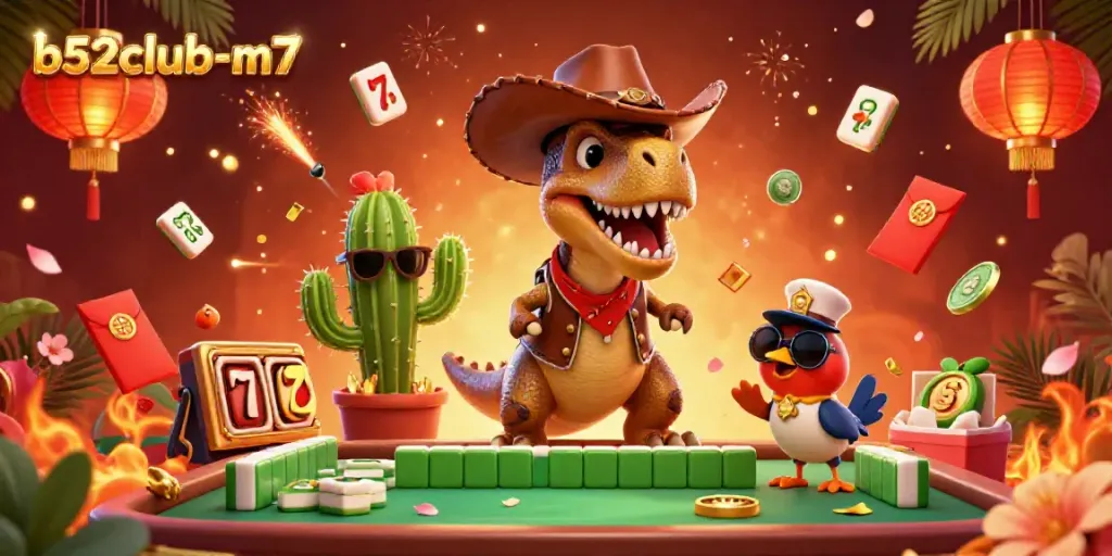 Experience the thrill of b52club-m7 with a dynamic T-Rex cowboy cartoon illustration showcasing a lively gambling scene.