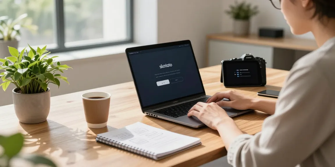 Engaging workspace with skintoto login on laptop screen, bright atmosphere.