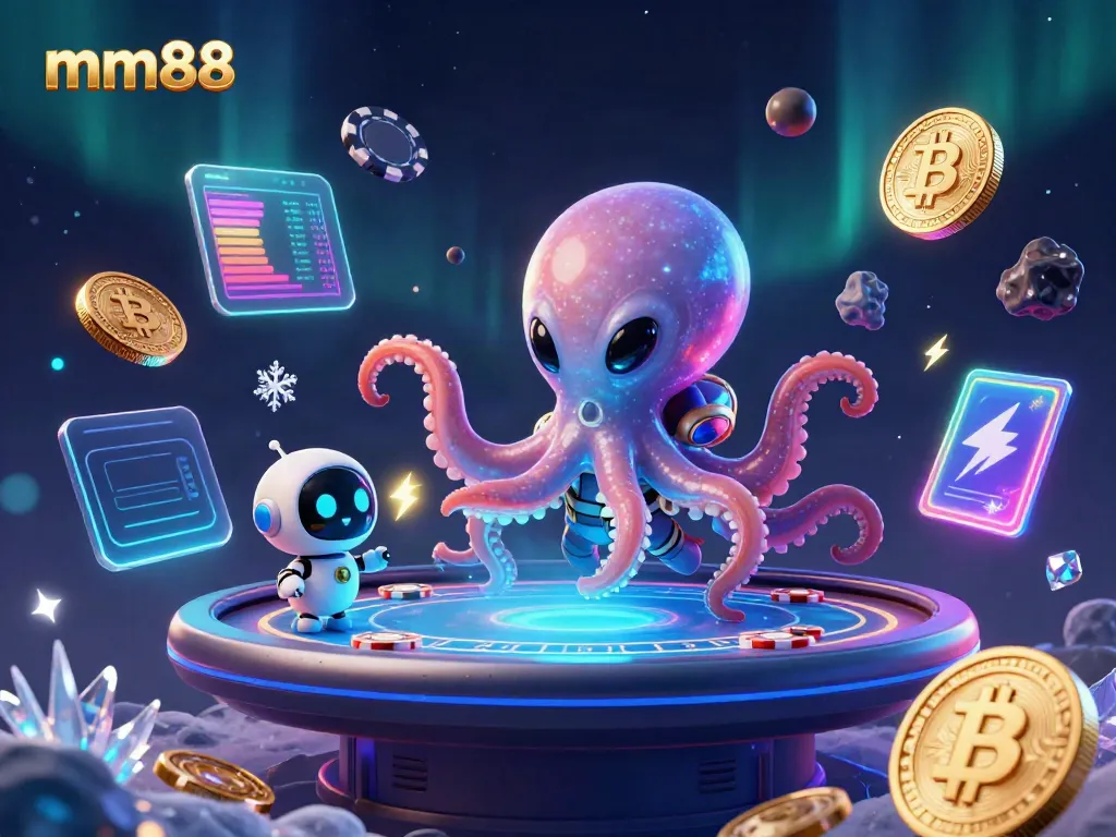 Engage in thrilling gameplay at mm88 with a vibrant alien-themed poker scene featuring an octopus and robot.