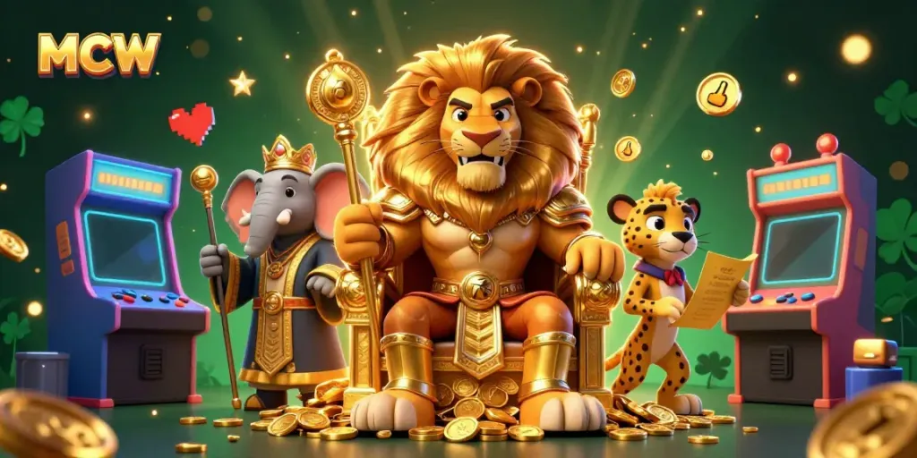 Experience thrilling gameplay at MCW with a lion king, elephant advisor, and cheetah messenger in a vibrant casino scene.