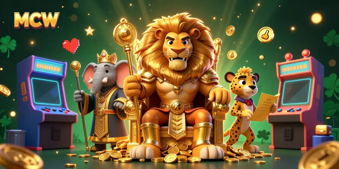 Experience thrilling gameplay at MCW with a lion king, elephant advisor, and cheetah messenger in a vibrant casino scene.