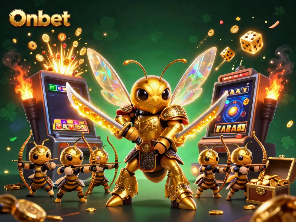 Engage in thrilling casino adventures with Onbet as a golden hornet warrior leads loyal bee archers in a vibrant slot scene.