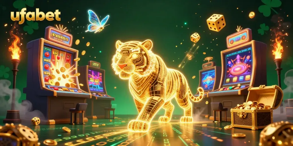 ภาพการ์ตูน 3D ของ ufabet ที่แสดงถึงเสือทองคำและสล็อตแมชชีนในคาสิโน