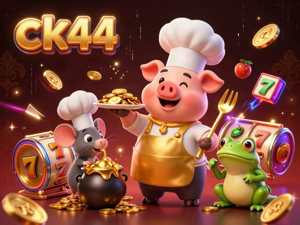 Experience the thrill of ck44 online slots with gourmet gold coins served by a cartoon chef in an engaging casino scene.