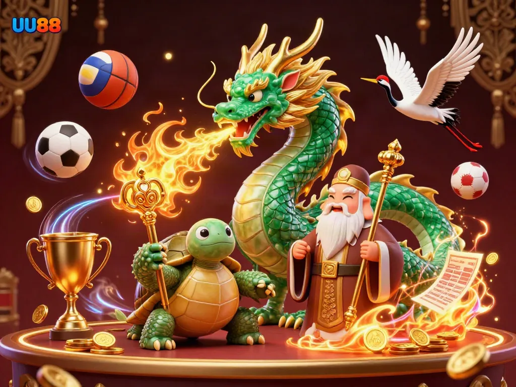 Engage with the dynamic world of UU88 casino featuring an emerald jade dragon and sports elements.