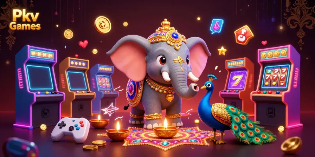 Immerse in Pkv Games with a vibrant 3D scene featuring an elegant elephant and peacock amidst casino excitement.