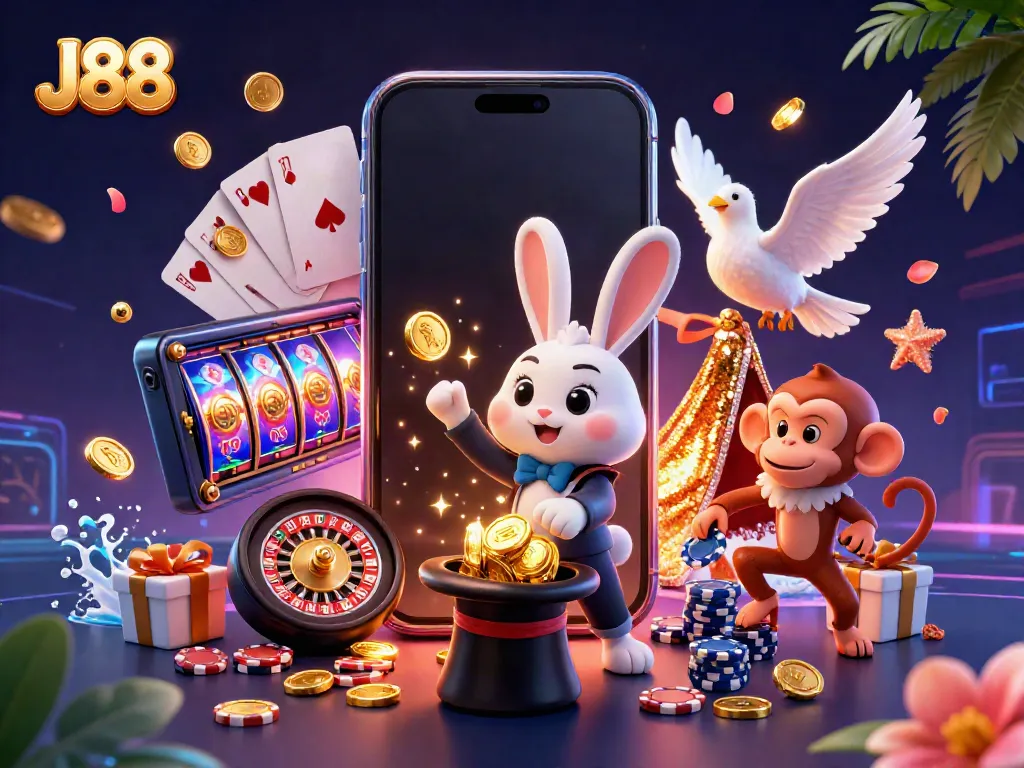 Engage with the thrilling J88 casino adventure featuring a magician, dove, and monkey amidst animated slot game elements.