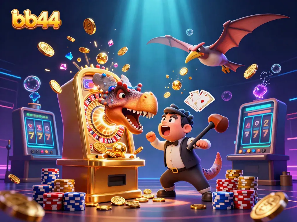 Experience the excitement of bb44 with a cartoon dino hitting a jackpot and coins flying.