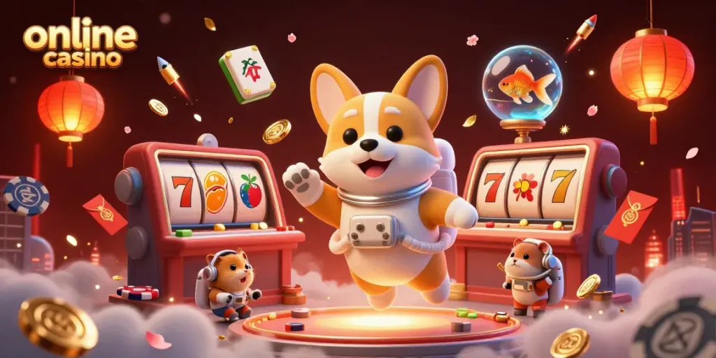 Experience an exciting online casino adventure with a floating corgi, coins, and festive elements.