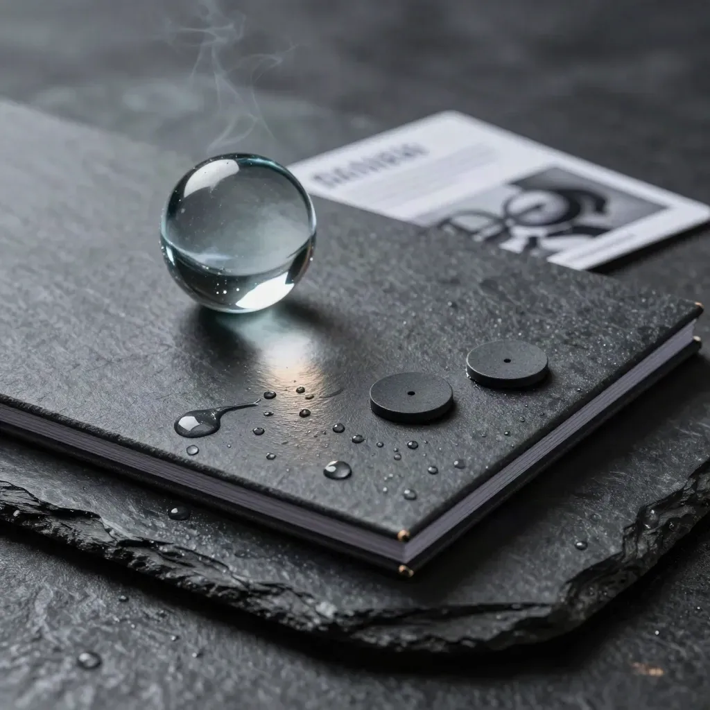 Charcoal foot-traffic folio with glass paperweight and route chips on wet slate under dramatic light.