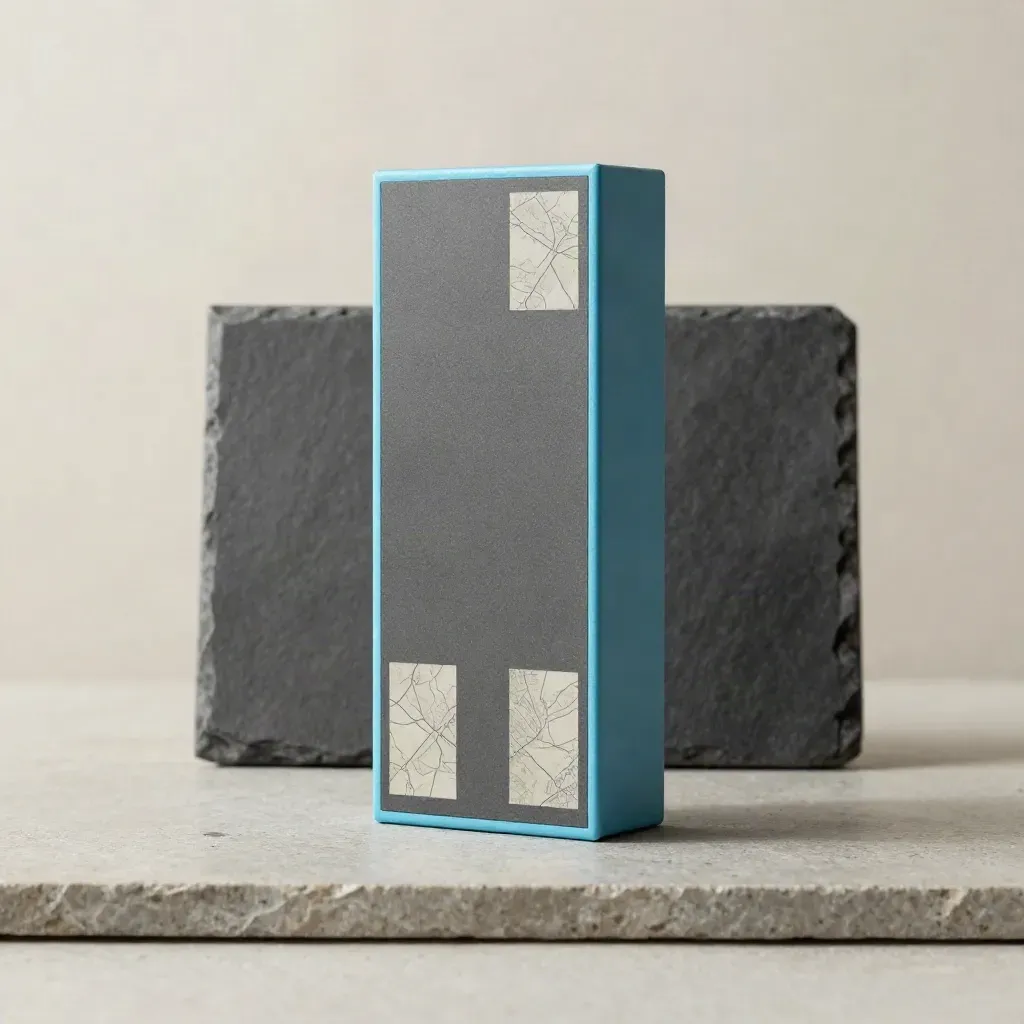 Graphite score block and map tiles hovering above stone with a sky-blue edge strip.