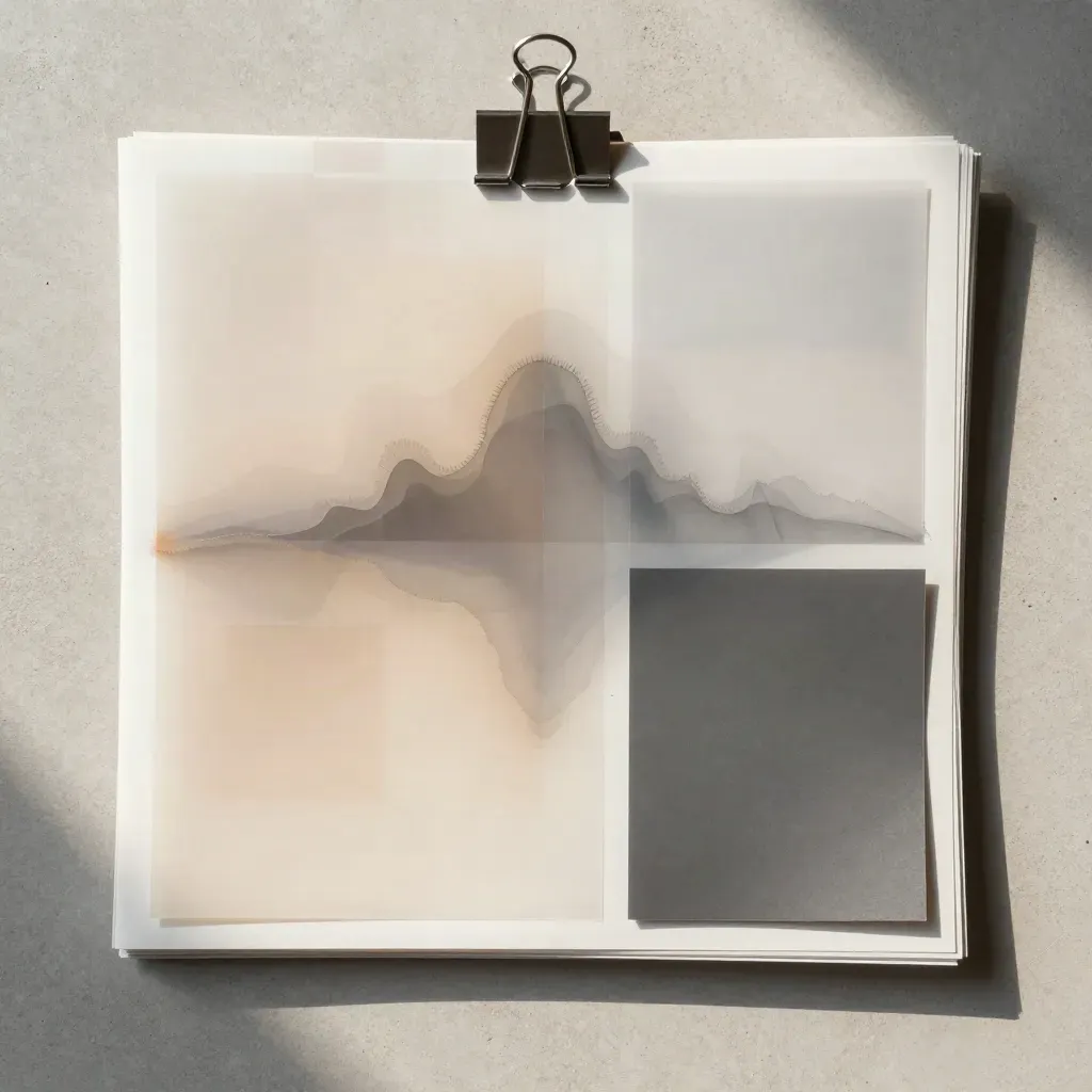 Overhead flatlay of translucent heatmap sheets, sand tabs, and a dark binder clip on pale concrete.