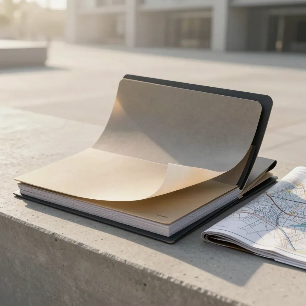 Unbranded report folders, heatmap sheet and folded city map on a concrete ledge in soft breeze.