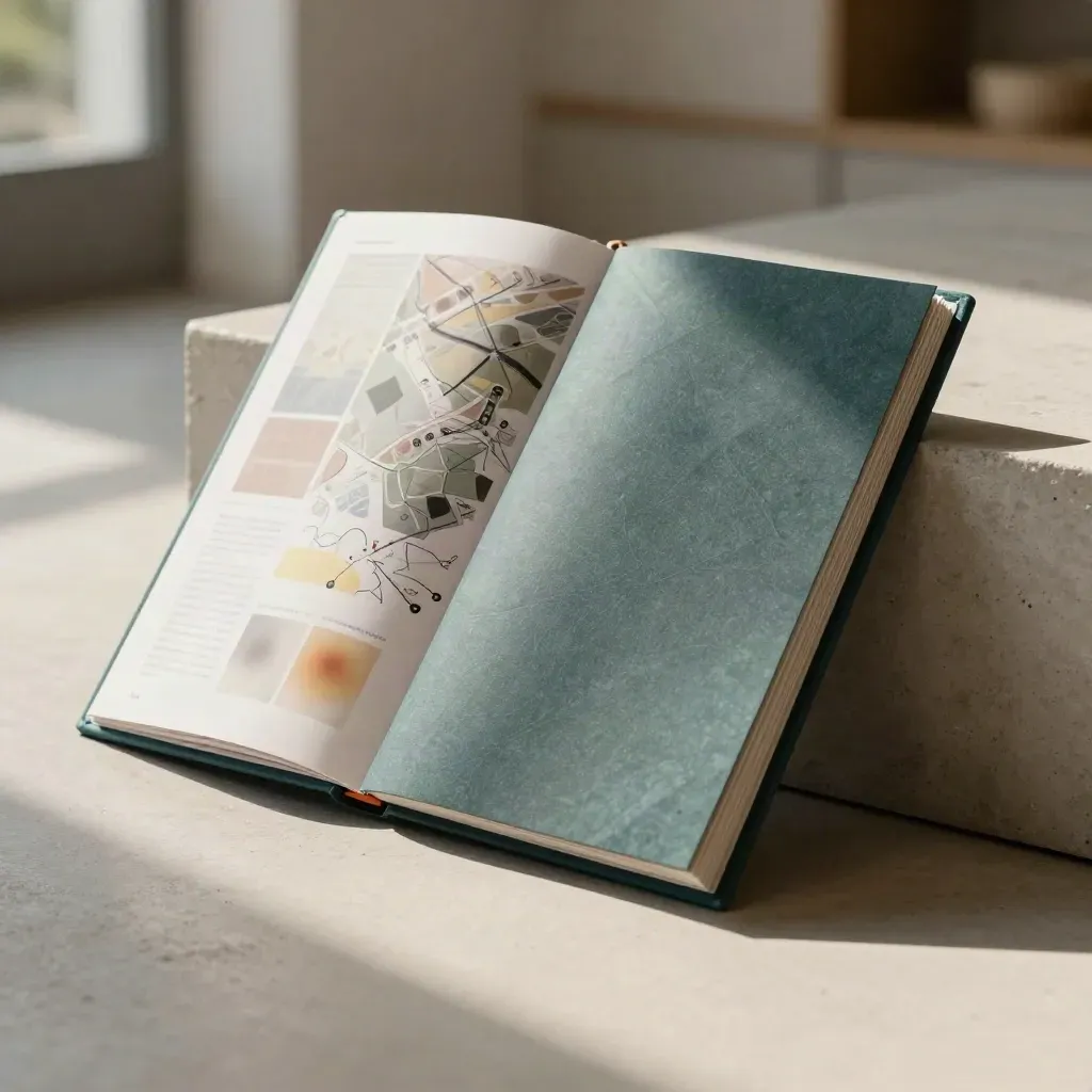 Teal-edged site-scan folio leaning on concrete with stone spacers in soft daylight.