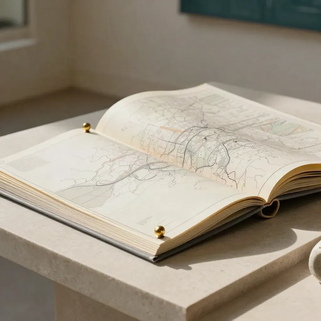 Competitor map report folio with stone spacers and a brass puck on an off-white slab.
