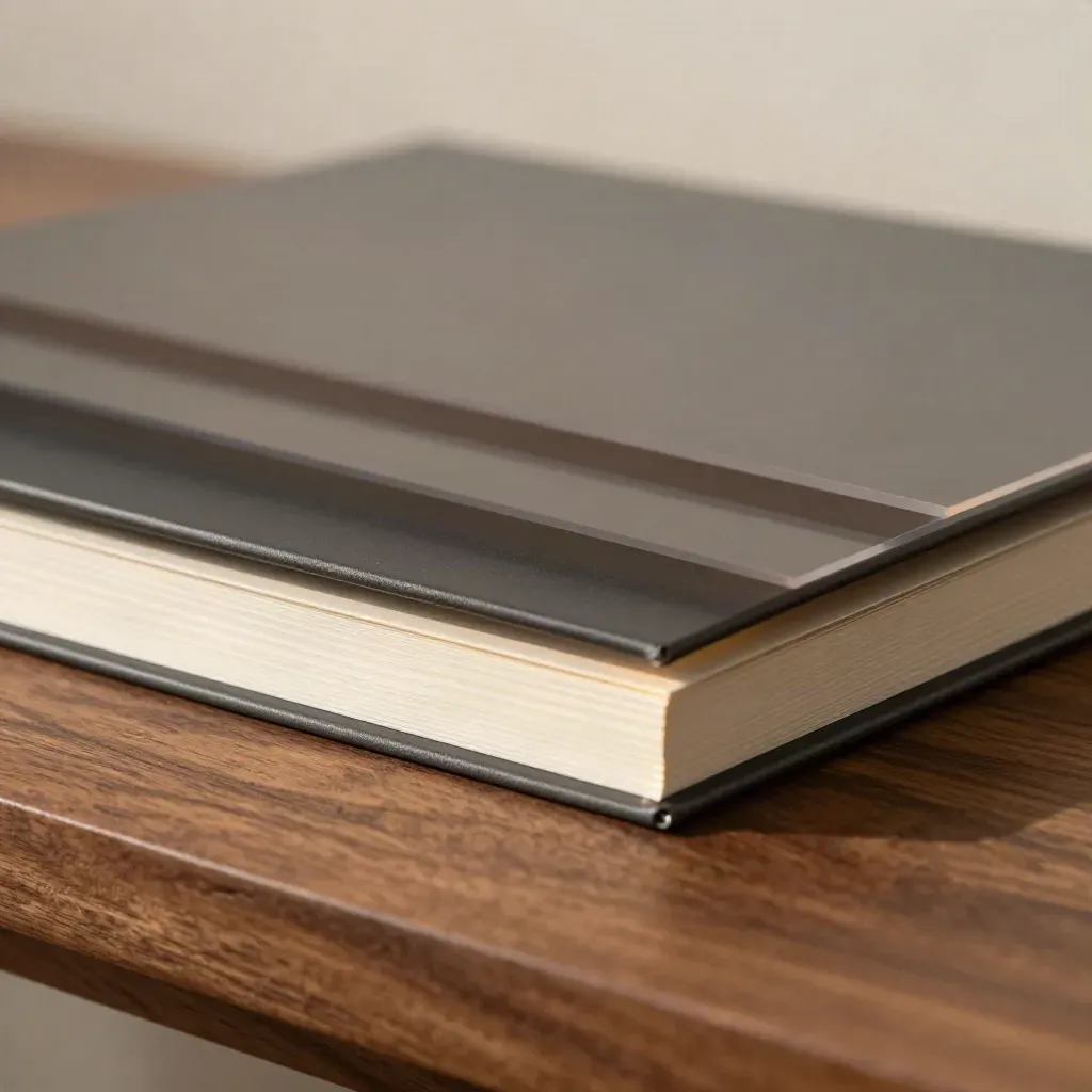 Glossy dark-slate dashboard folio with sand edge and translucent overlays on warm walnut.