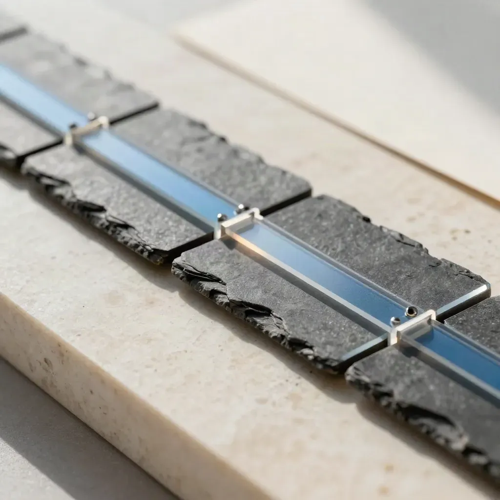 Slate territory planner modules with acetate dividers aligning on pale travertine in raking light.