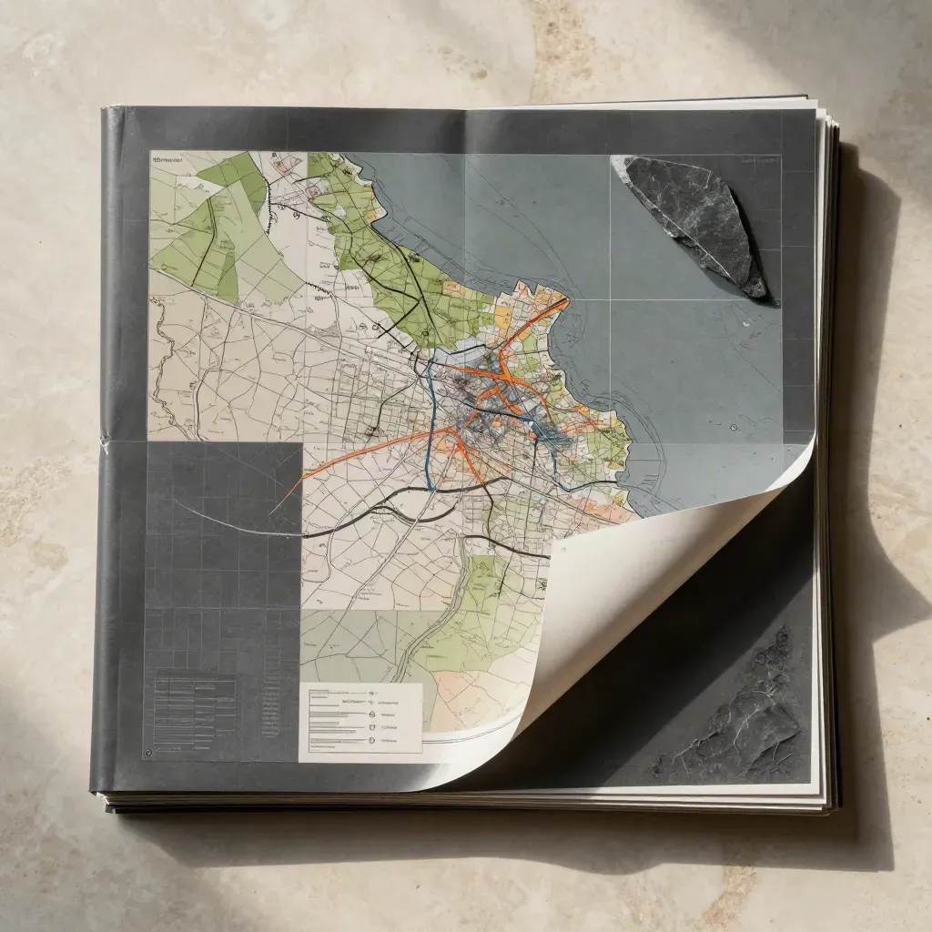 Overhead stack of charcoal report folios, district tiles and a pale map sheet on stone.