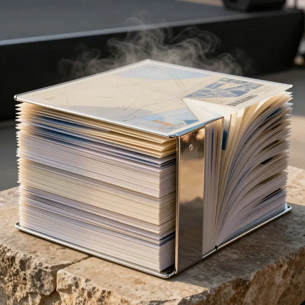 Open binders, report folios and blue-sand map sheets fan across warm stone in dramatic studio light.