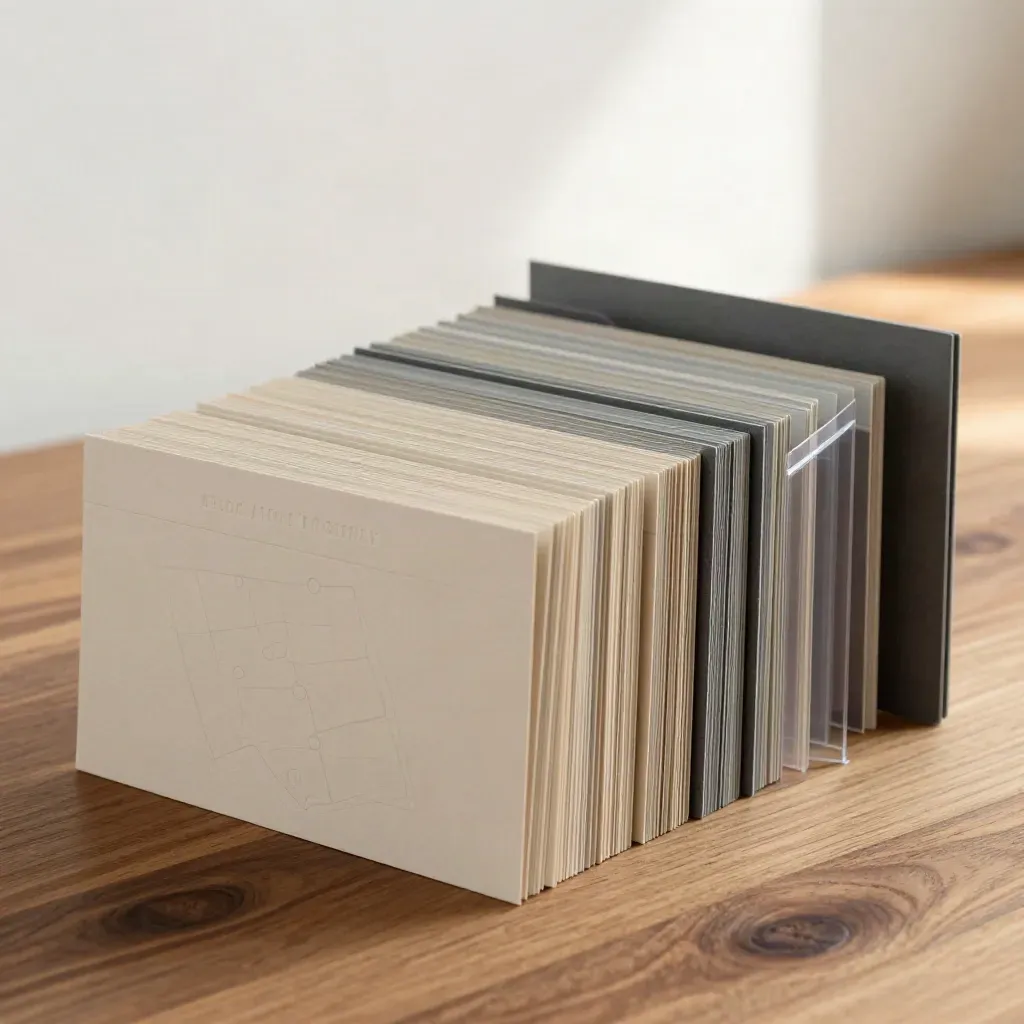 Modular planner cards and a folded map sleeve cascading across warm walnut under soft studio light.