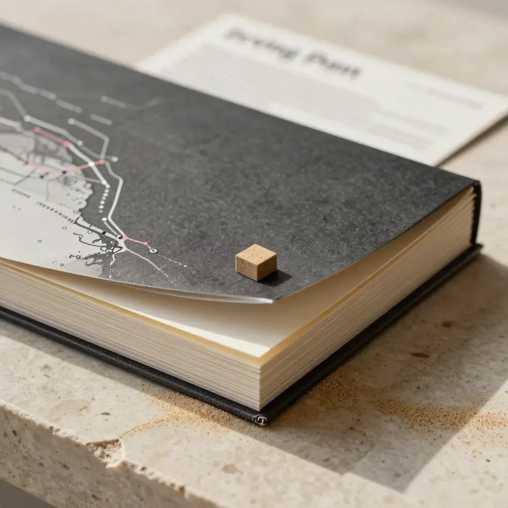 Charcoal heatmap folio with translucent layers and a tiny sand spacer on travertine.