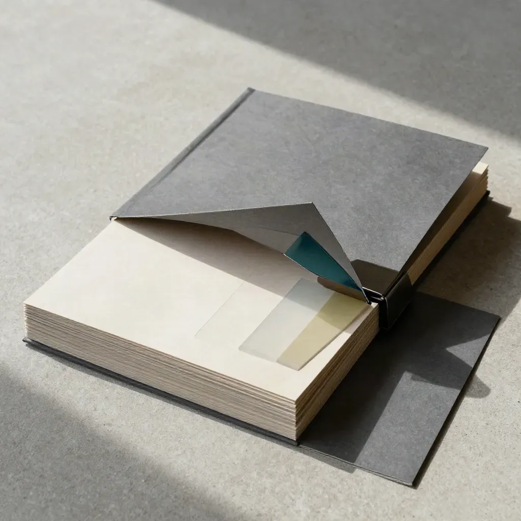 Overhead flatlay of layered competitor-map folios with a stone clip on pale concrete.