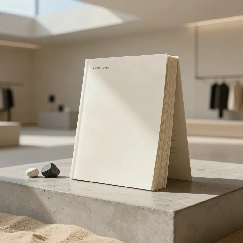 Off-white site report block on concrete plinth with stones in a hazy retail lobby