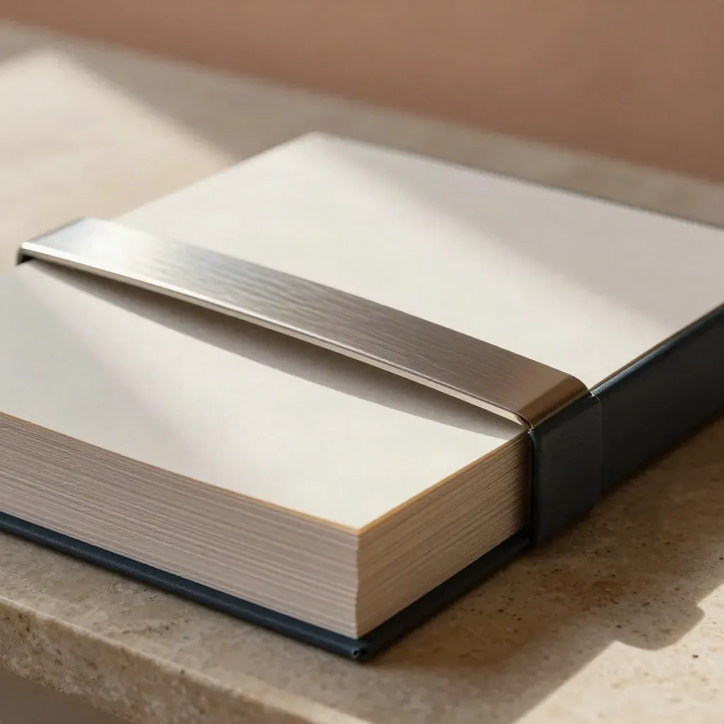 Macro of a stacked market score deck with brushed metal and a deep slate edge band.