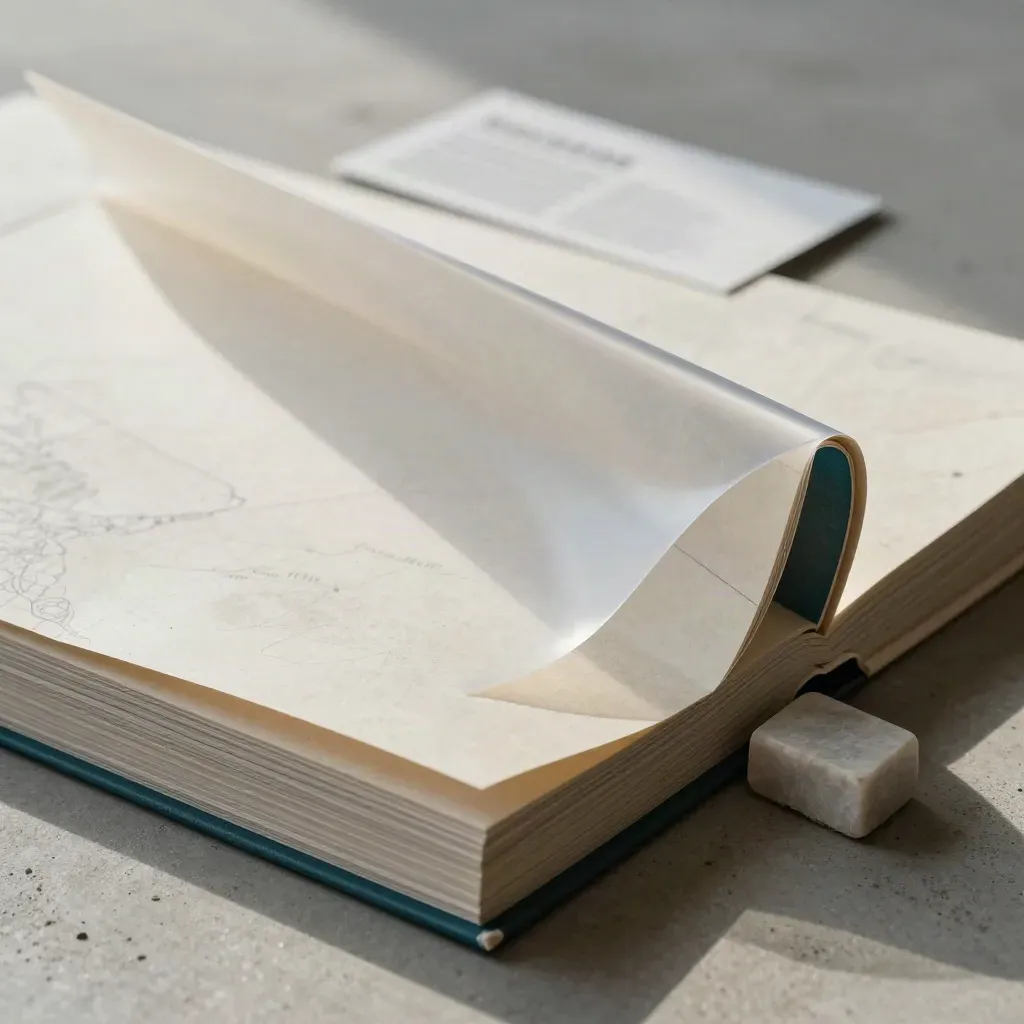 Folded atlas with translucent boundary sheet and stone weight under soft daylight.