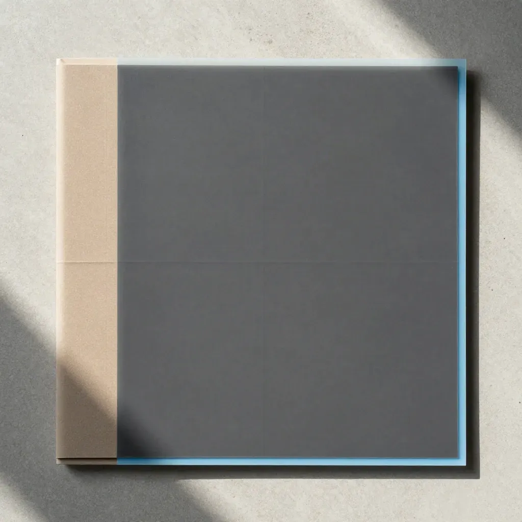Overhead flatlay of a charcoal parcel scan folio, acetate sheet, sand tile, and blue strip