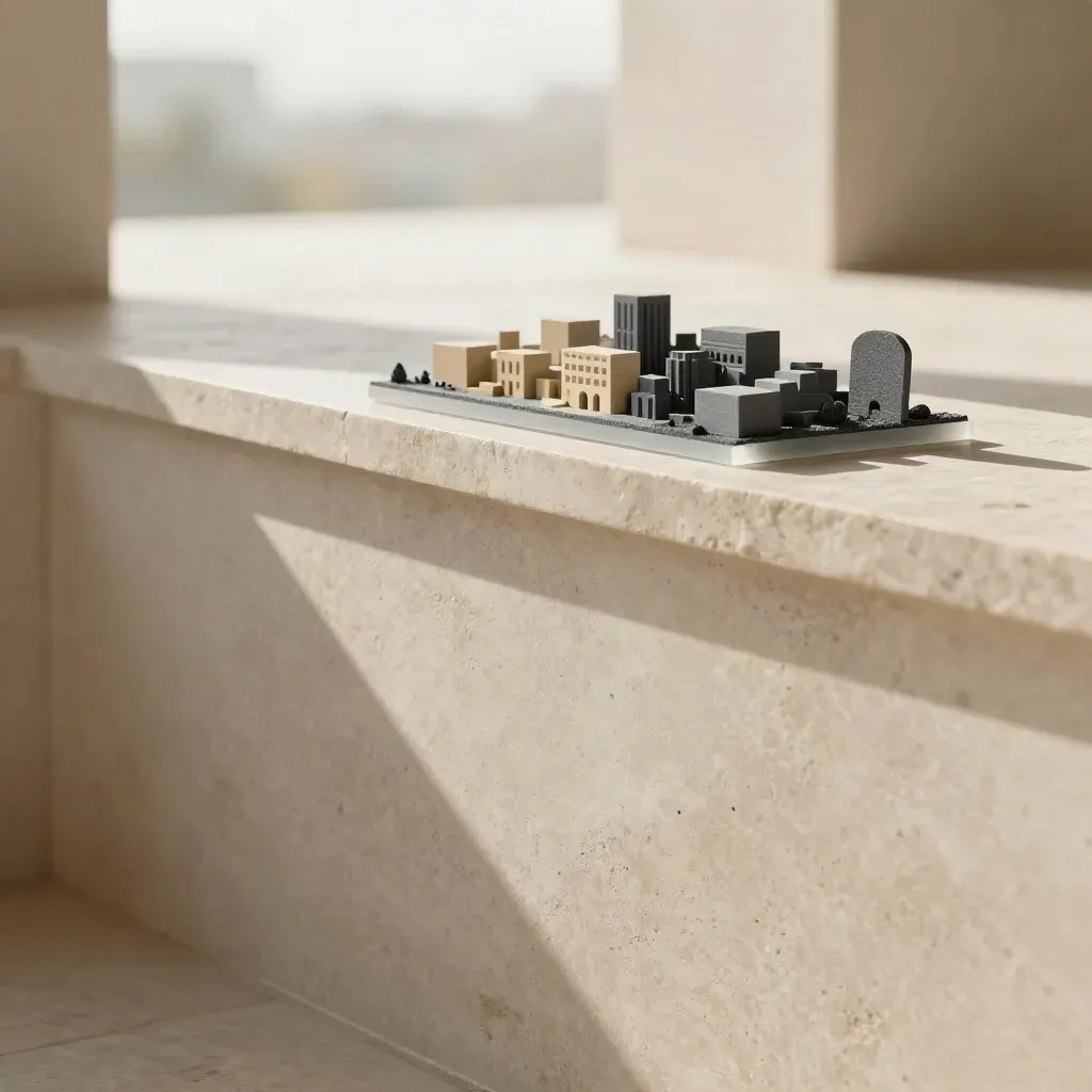Sunlit limestone ledge with site models, dust, and a soft terrace opening above.