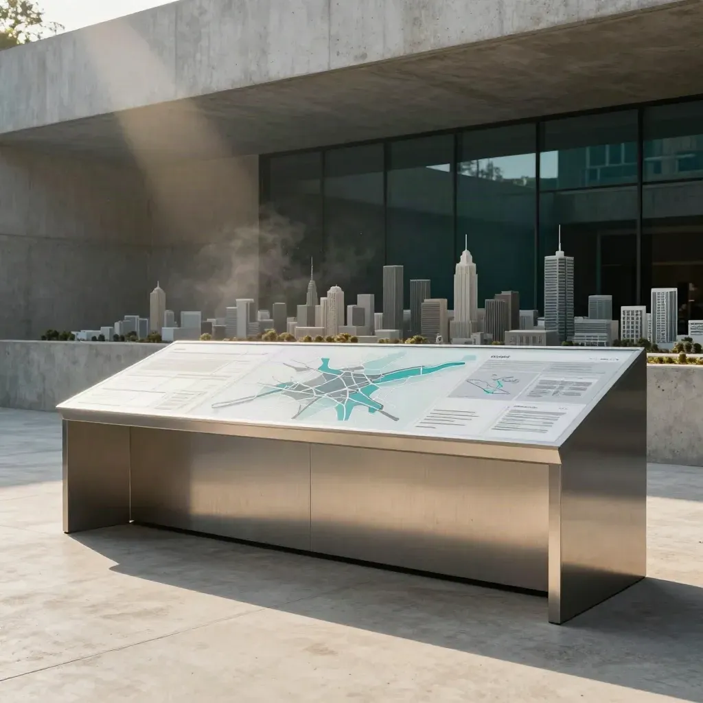 Concrete arcade with abstract site maps, sunlit upper third, calm copy space below