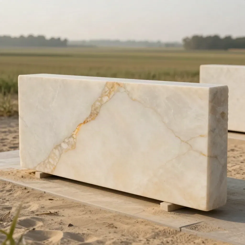 Pale marble slab with amber veining, reflective seam, and calm open stone space for copy.