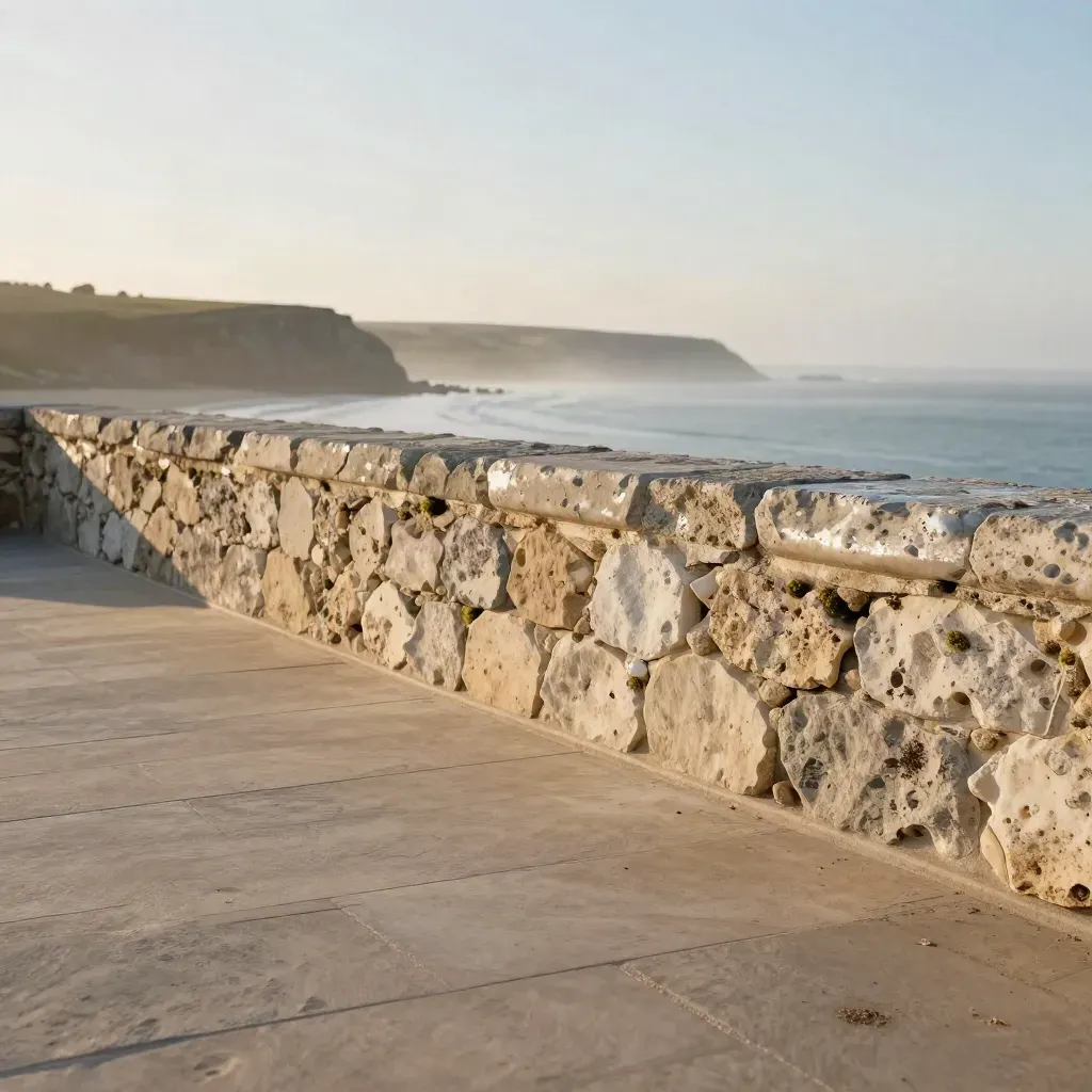 Golden coastal stone terrace above a misty inlet with calm copy space below