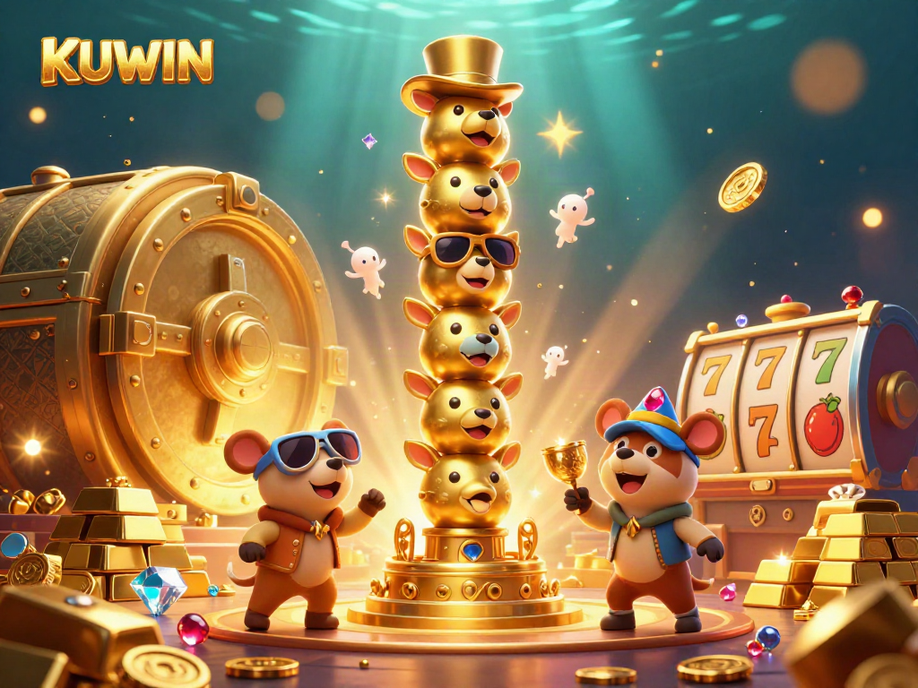 Engage with exciting KUWIN casino games featuring vibrant slot reels, gold treasures, and colorful characters.