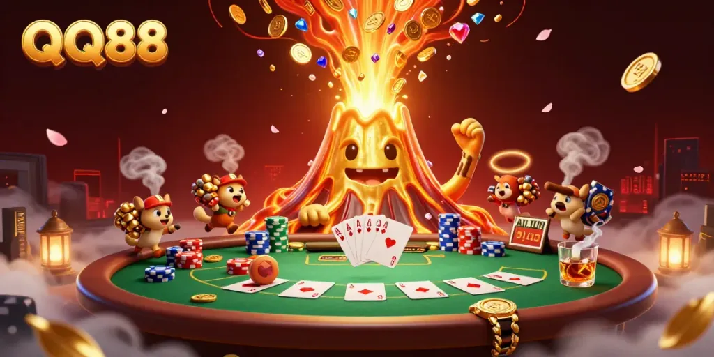 Experience the thrill of QQ88 with a triumphant volcano erupting treasure amidst vibrant poker elements.
