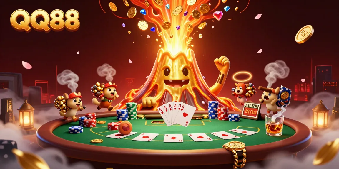 Experience the thrill of QQ88 with a triumphant volcano erupting treasure amidst vibrant poker elements.