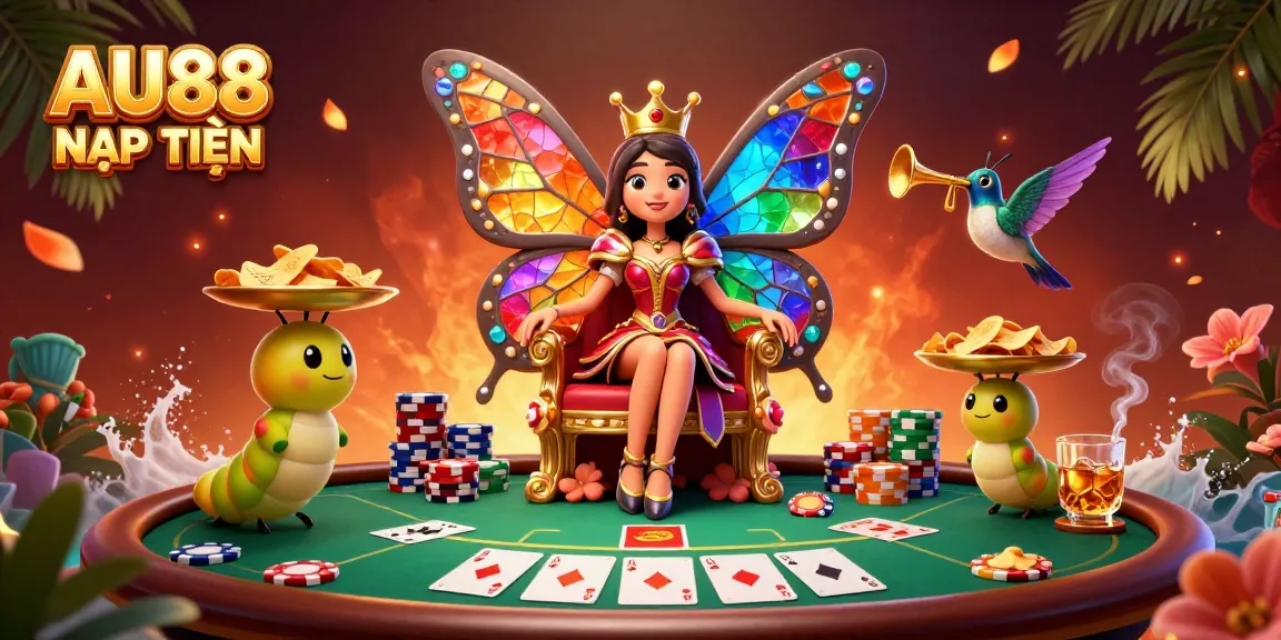 Engage in AU88 NẠP TIỀN with a vibrant illustration showcasing a butterfly queen in a lively casino scene.