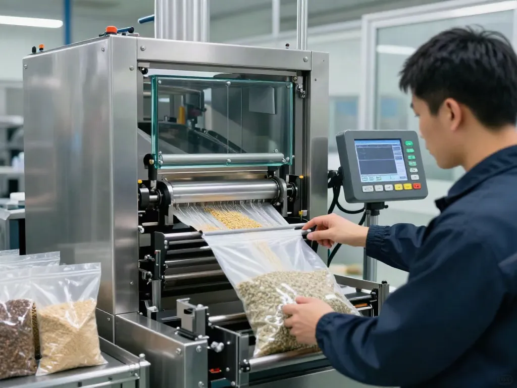 Open-mouth bagging machine in action, showcasing a packaging machinery supplier's efficiency.