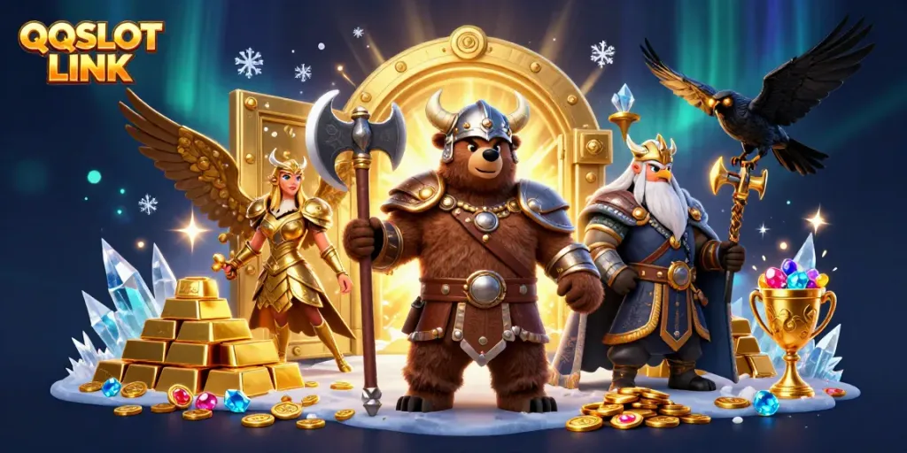 Engage with the thrilling QQSLOT LINK as a Viking berserker and Valkyrie uncover treasures in a festival of gems and riches.