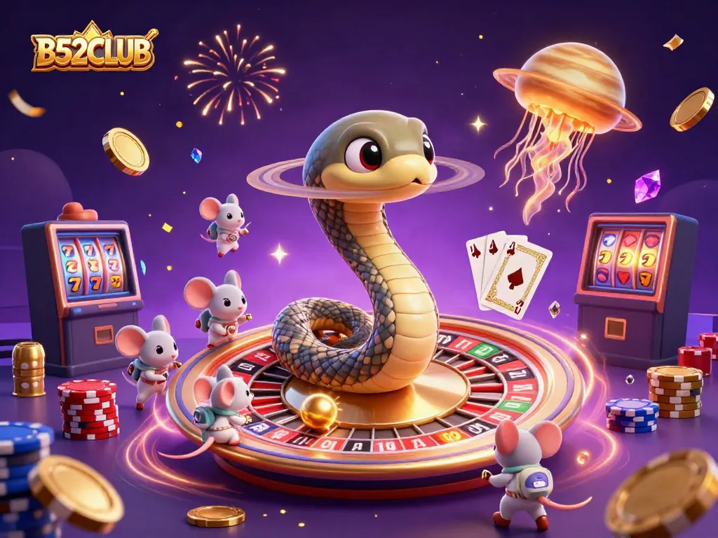 Bets come alive at B52CLUB with vibrant cosmic casino action, showcasing lively characters and dazzling gaming elements.