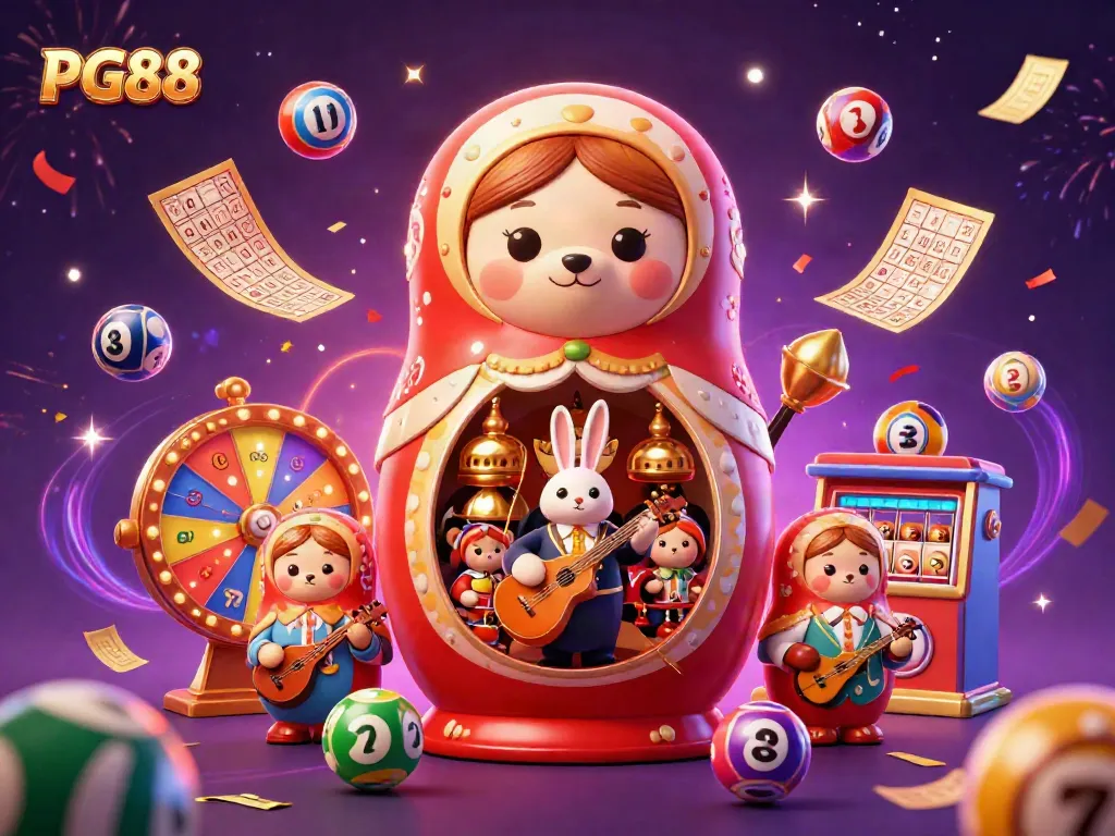 Play casino games with PG88 featuring colorful lottery balls and festive casino elements.