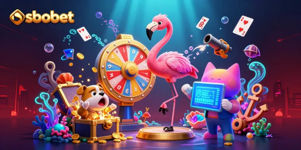 Engage in thrilling sbobet betting with vibrant characters celebrating big wins in a dynamic casino scene.