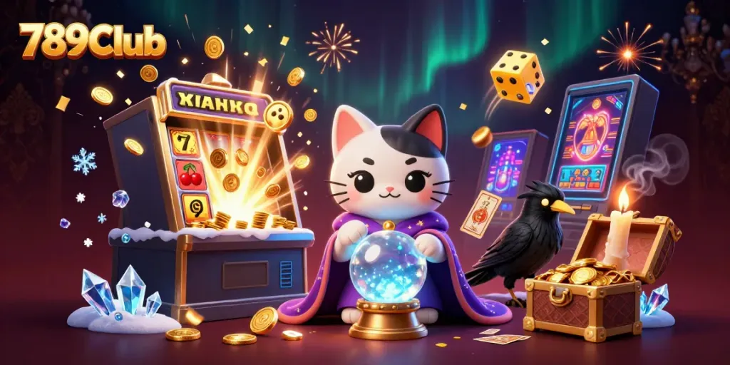 Win big with 789Club's vibrant casino scene featuring mystical characters, slot machines, and golden treasures.